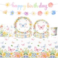 Ensemble de vaisselle jetable pour fête d'anniversaire sur le thème du printemps, des papillons et des fleurs sauvages, assiettes en papier, serviettes, fournitures de fête