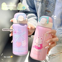 Petite tasse thermos sous vide à motif de dessin animé, grande capacité, pour étudiants et enfants, portable pour l'extérieur, avec paille, double mode de consommation, en acier inoxydable 304