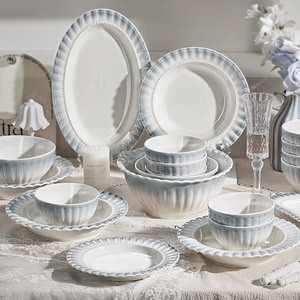 Service de vaisselle en céramique de luxe style français, compatible micro-ondes, motif dégradé, bol et assiette, pour l'inauguration de la maison, mariage, anniversaire, nouveau style 2025 - Product Image 1