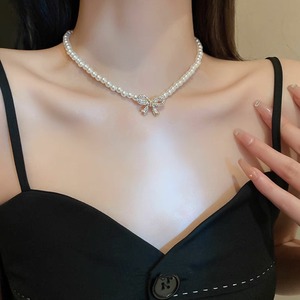 Pearl Necklace Bowknot Choker Gold Silver Beads Party Daily Wear Fashion Jewelry Accessory - Product Image 4