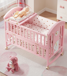 سرير طفل من الخشب الصلب باللون الوردي للفتيات حديثي الولادة سرير متحرك متين مع وصلة كبيرة لغرفة المعيشة أو المدرسة - Product Image 5