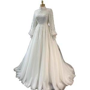 Abito da <span class=keywords><strong>Sposa</strong></span> Musulmano Semplice in Pizzo Leggero a Vita Alta, Nuovo Vestito da <span class=keywords><strong>Sposa</strong></span> Slim-fit a Maniche Lunghe per la <span class=keywords><strong>Sposa</strong></span> - Product Image 5
