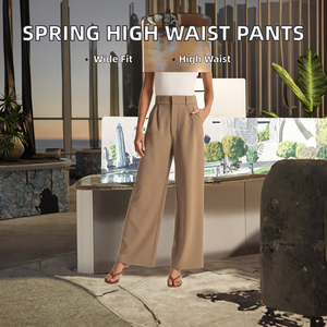 Women Spring High Waist Tailored Wide-Leg Casual Loose Breathable Solid Office Straight <b>Pants</b> Suits Korean Style - Product Image 2