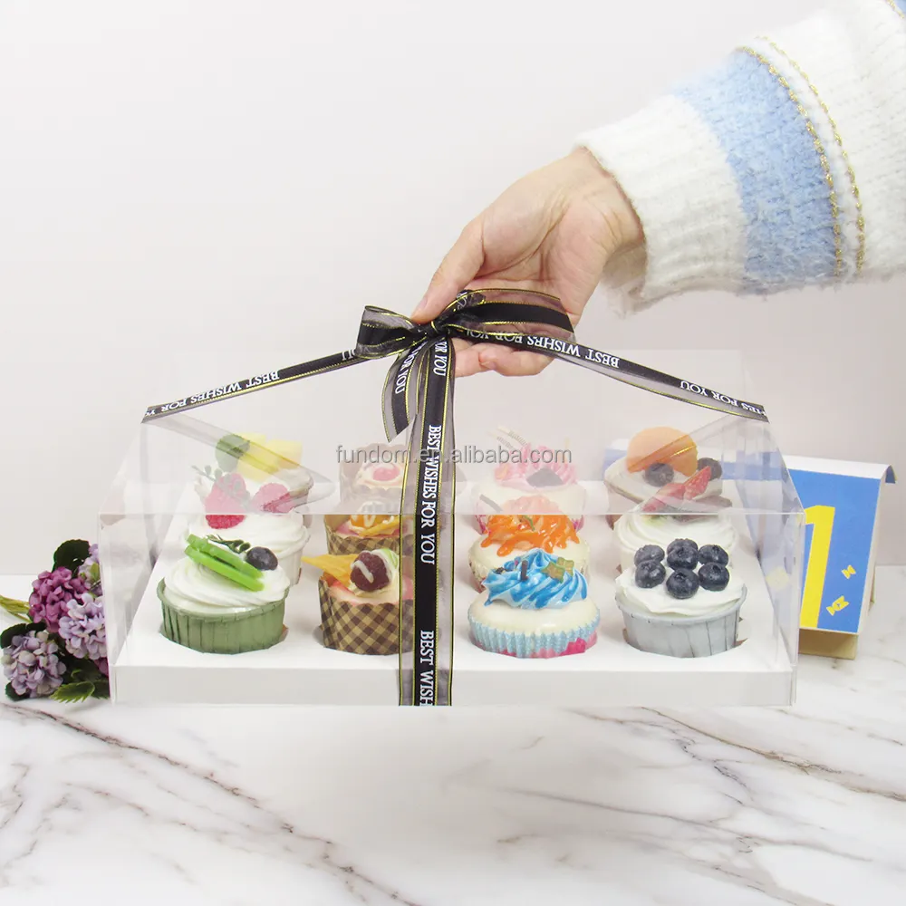 China Lieferanten unterstützen OEM 4 6 12 Loch hoch Obst kuchen Eis Cupcakes Verpackungs box mit Band transparenten Deckel