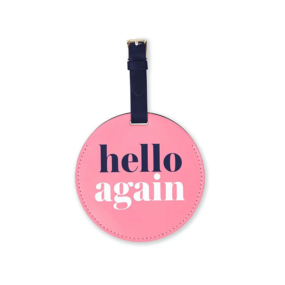 Atacado excelente design rosa durável impresso logotipo redondo vegan pu mala de couro etiqueta de identificação bagagem tag
