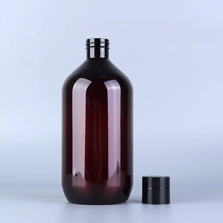 Plastic 1000ml Cosmetic Empty Brown Shampoo Pet Bottle With Black Disc Top Cap