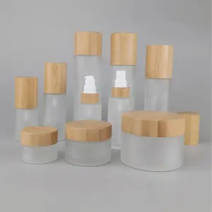 Frosted Glazen Fles Bamboe Deksel 30Ml 50Ml Spray Fles Serum Pomp Fles En 100Ml 150Ml Glas pot Met Houten Deksel