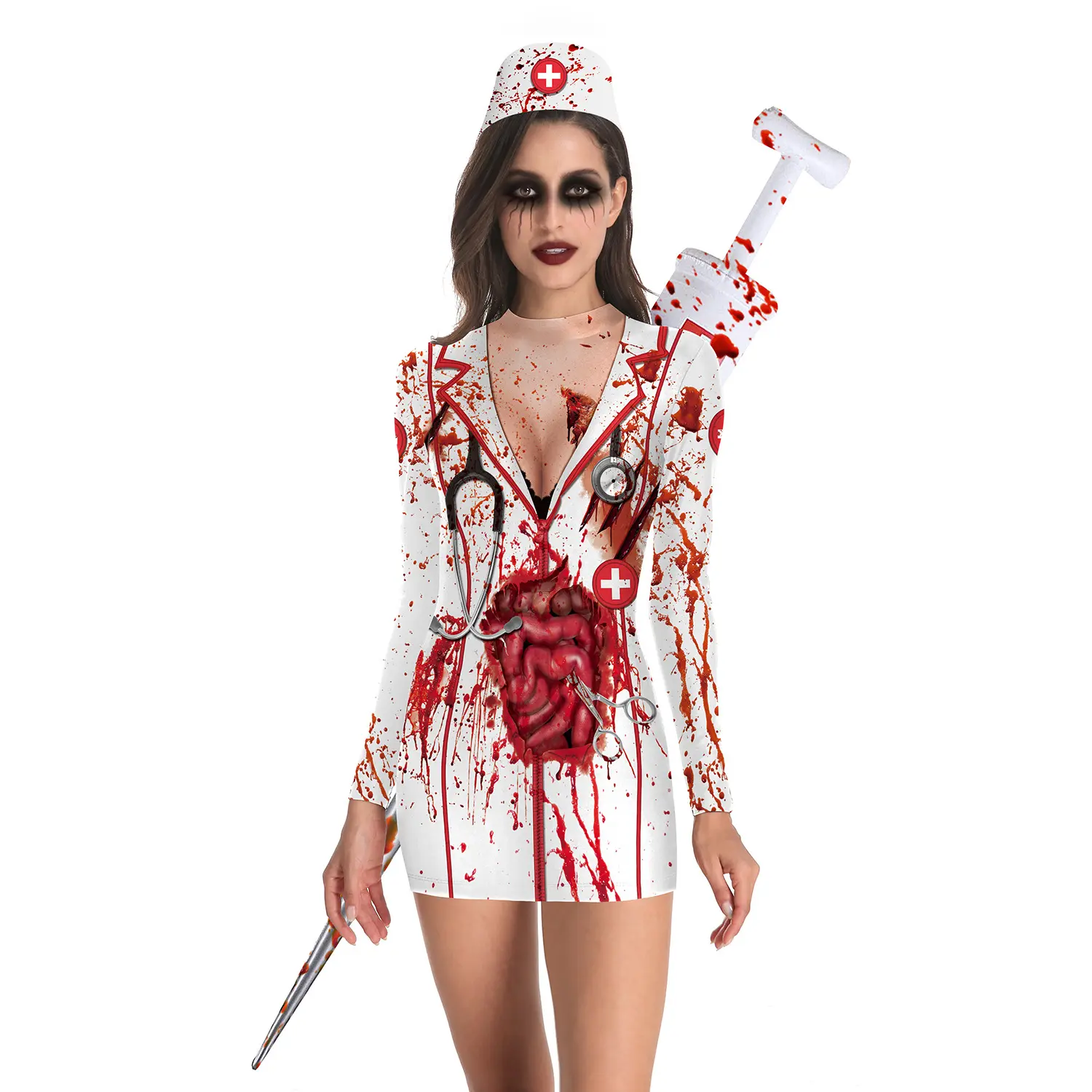 Women Wear Print 3D Zombie Nurse Long Sleeve Dress Bloody Nurse Cosplay Halloween Costume