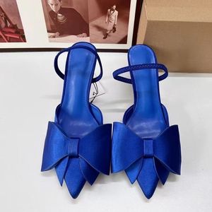 Sandalias de tacón bajo azul real con lazo y tira trasera para mujer, elegantes, de moda, 2024 - Product Image 3