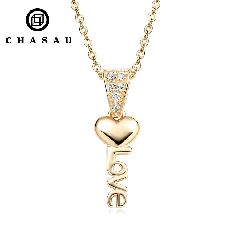 Trendy Letter Jewelry 14K solid Gold cubic zirconia Diamond Love Heart Pendant Necklace with 925 Silver Link Chain