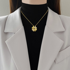 Colliers pendentifs raffinés en acier inoxydable plaqué or 18 carats avec zircon, motif <span class=keywords><strong>trèfle</strong></span> à quatre <span class=keywords><strong>feuilles</strong></span>, double usage, pour femmes - Product Image 6