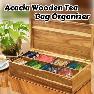 Acacia Wood <b>Tea</b> Bag Storage <b>Box</b> Rectangular Covered With Compartments For Coffee And <b>Tea</b> Drawer Organizer - Product Image 2