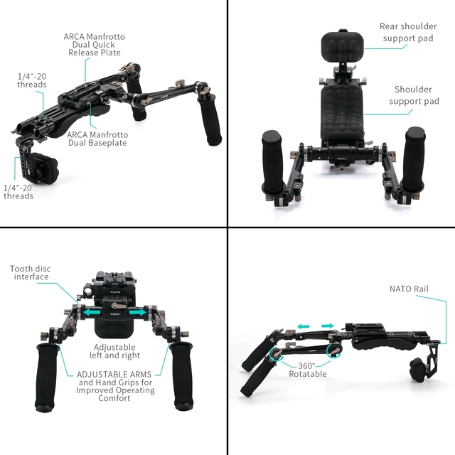TILTA TA-LSR-B Lightweight Shoulder Rig Black Compatible for for BMPCC for Camera Unique Manfrotto / ARCA Baseplate