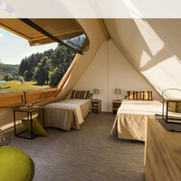 Doppelschicht-Glamping zelt mit A-förmigem Segeltuch dach Rundes Holz skelett für Camping im Freien Wohnbett Dreieck für Camping