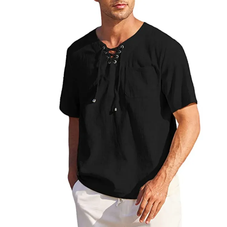 JFMen008 OEM New Men's Hot Sale Cotton Linen Fashion Casual Lace Up Square Neck Short Sleeve Shirts