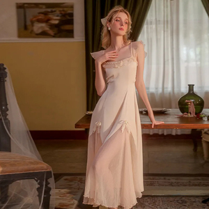 Ropa de Dormir de Lujo Ligero para Mujer, Estilo Francés, Camisón de Seda con Parches de Malla, Vestido Largo de Noche para Dama - Product Image 1