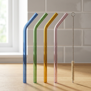 Metal <b>Drinking</b> <b>Straws</b> Set of 4 Reusable Bendable <b>Straws</b> with Cleaning Brush in Blue Green Gold Pink Modern Bar Accessories - Product Image 2