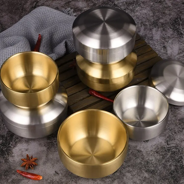 Double Walled Metal Soup Bowl Food Grade Stainless Steel 304 Kitchen Kimchi Bowl Korean Rice Bowl With Lid