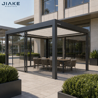 Pergola bioclimatique JIAKE gris foncé, pergola à lames motorisées en aluminium, entièrement vitrée et avec éclairage LED, abri résistant au vent sur mesure