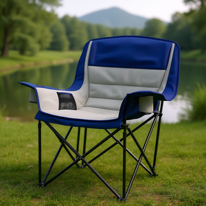 Chaise de camping pliable portable en tissu Oxford gris avec cadre en aluminium, porte-gobelets et poches latérales pour utilisation en extérieur et dans le jardin - Product Image 2