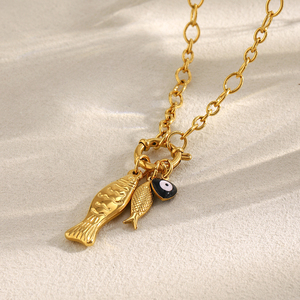 Collier à breloques en plaqué or Dreamidea Fish & Evil Eye Symbole protecteur Design avec double pendentifs en forme de poisson Bijoux tendance 2025 - Product Image 3