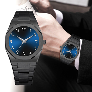 Montre-bracelet étanche pour homme en gros, design personnalisé, en acier inoxydable avec boîte, cadran arabe minimaliste noir et bleu - Product Image 1