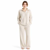 Ensemble de vêtements de détente en cachemire tricoté, pull à col polo, pantalon à jambes larges, coupe décontractée, tons neutres, tenue deux pièces pour l'automne et l'hiver