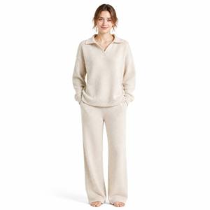 Set Loungewear in Cashmere Lavorato a Maglia, Maglione con Collo a Polo e Pantaloni a Gamba Larga, Vestibilità Comoda, Tonalità Neutre, Completo Due Pezzi Autunno Inverno - Product Image 1