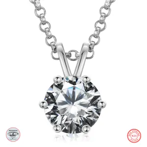 925 Sterling Silver 6 Prong Set 6.5mm 1ct D Color VVS1 Clarify Moissanite Diamond Solitaire Pendant Necklace For Women