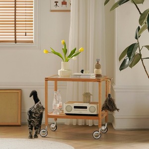 Solid Wood Coffee Table With Glass <b>Top</b> Movable Trolley For Living Room Small Apartment Japanese Style - Product Image 2