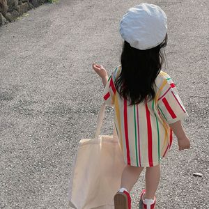 Ensemble tricoté rayé en coton délavé à l'enzyme style coréen pour filles (chemise-robe) <span class=keywords><strong>et</strong></span> garçons (short à manches courtes) - Product Image 4