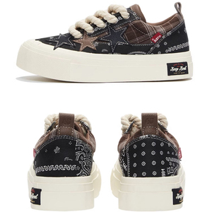 Retro Spliced Plaid <b>Bandana</b> Canvas Skate Shoes Star Patch Applique Thick Platform Chunky Rope Lace - Product Image 2