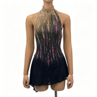 Costume de patinage artistique pour enfants et adultes, robe en maille dégradée noir, or et rose avec strass pour spectacle sur glace et compétition
