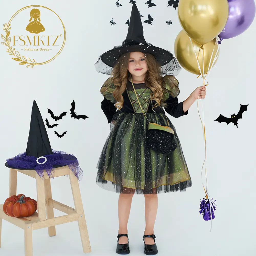 FSMKTZ Halloween Style filles robe avec sac fête formelle à manches longues enfants fantaisie maille robe d'anniversaire pour les enfants