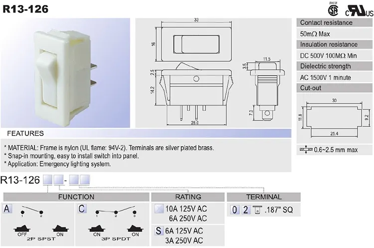 अधिकतम वोल्टेज 125V और 250V और अधिकतम करंट 10A 6A 6A 3A के साथ R13-126 रॉकर स्विच मॉडल