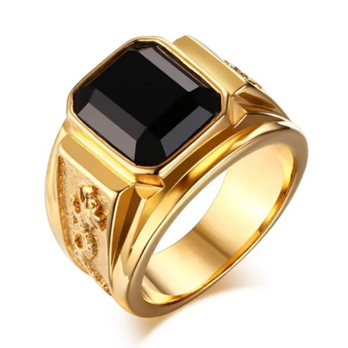 custom fashion jewelry 316 stainless steel 18K gold black stone rings with gemstone