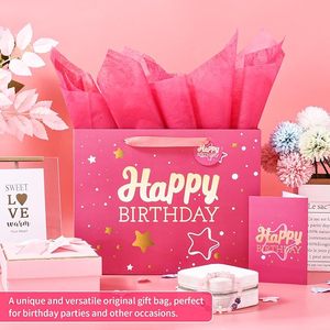 Bolsa de Regalo Rosa de Lujo para Cumpleaños con Papel de Arte Reciclado, Asa de Cuerda de Algodón, Papel de Seda y Tarjeta de Felicitación para Mujer - Product Image 5