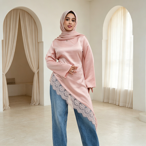 Abbigliamento Islamico 2026 Loriya Abaya Modesto Starlight Asimmetrico <span class=keywords><strong>in</strong></span> Pizzo e <span class=keywords><strong>Raso</strong></span>, Abiti da Donna di Dubai, Vestito Lungo Modesto con Top <span class=keywords><strong>in</strong></span> Pizzo - Product Image 1