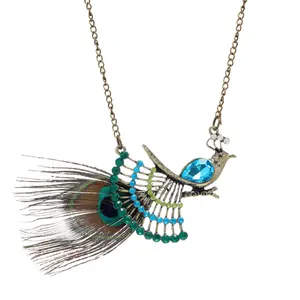 Sweater chain Bohemian vintage peacock feather pendant long necklace jewelry