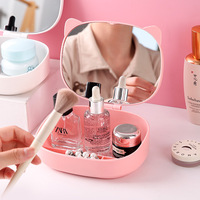Miroir de table portable en plastique de grande taille avec boîte de rangement, miroir de coiffeuse à oreilles d'ours à une seule face, maquillage cosmétique personnalisé