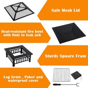 Fournitures de jardin - Brasero carré en acier 3 en 1 avec gril et barbecue, doté d'un dispositif de sécurité anti-flamme, pour les fêtes en plein air et les barbecues - Product Image 4