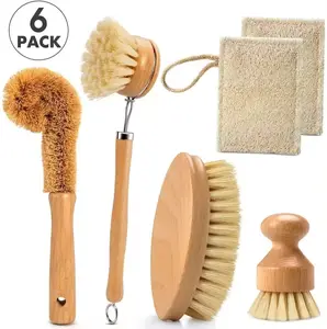 Wholesale Price Natural Color 6 Pcs Sisal Bamboo Wooden Kitchen Pot Brush Set Wooden Dish Cleaning Brush
