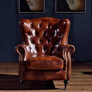 Amerikaanse Stijl Houten Frame Gestoffeerde Echt Lederen Fauteuil Bruine <span class=keywords><strong>Wingback</strong></span> Stoel - Product Image 6
