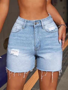 Shorts de Mezclilla para Mujer, Cintura Alta, Elásticos, Casuales, Desgastados, con Dobladillo Deshilachado, Verano, a la Moda - Product Image 3
