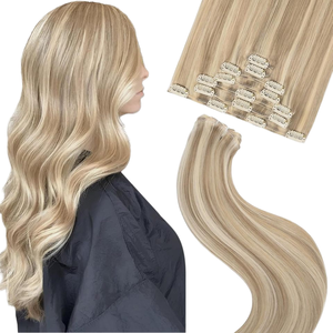 FUBILI 16 pouces 100g Double trame brésilienne Remy Extensions 7 pièces femmes <span class=keywords><strong>blond</strong></span> clair mis en évidence <span class=keywords><strong>blond</strong></span> <span class=keywords><strong>doré</strong></span> Clip-In <span class=keywords><strong>naturel</strong></span> - Product Image 6