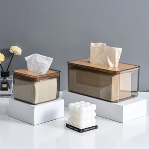 Customized desktop tissue storage box plastic paper acrylic container tissue box plastic clear tissue paper box with bamboo lid