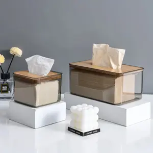 Personalizado desktop guardanapo titular tecido armazenamento caixa acrílico recipiente plástico claro tecido papel caixa com tampa de bambu