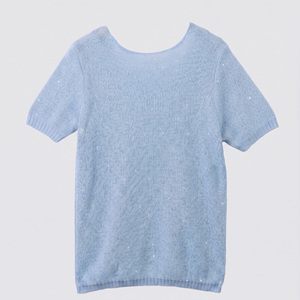 Wholesale <strong>Women's</strong> Light Blue Sequin Knitted T-shirt Shiny Short Sleeve Summer Knitwear Elegant <strong>Sparkly</strong> <strong>Jumper</strong> Top - Product Image 3