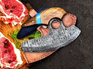 Couteau Ulu artisanal en acier Damas avec manche en bois de noyer, personnalisable (DIY, OEM) pour la préparation culinaire, le hachage et la découpe en dés - Product Image 2