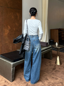 YUANBOFEI Jeans <span class=keywords><strong>de</strong></span> <span class=keywords><strong>Mujer</strong></span> <span class=keywords><strong>de</strong></span> Alta Calidad, Pantalones Anchos <span class=keywords><strong>de</strong></span> Cintura Alta con Pierna Curva, Vaqueros Vintage Azules para Uso Diario - Product Image 3